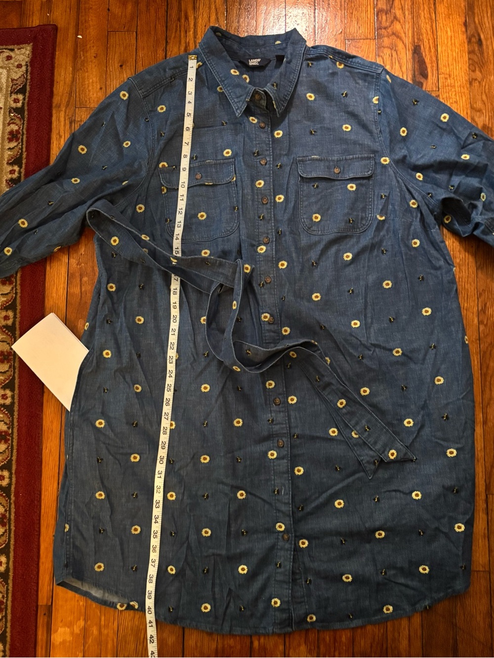 Lands End Blue Denim Shirt Dress with Yellow Daisy 🌼 and Bumblebee 🐝 Embroidery